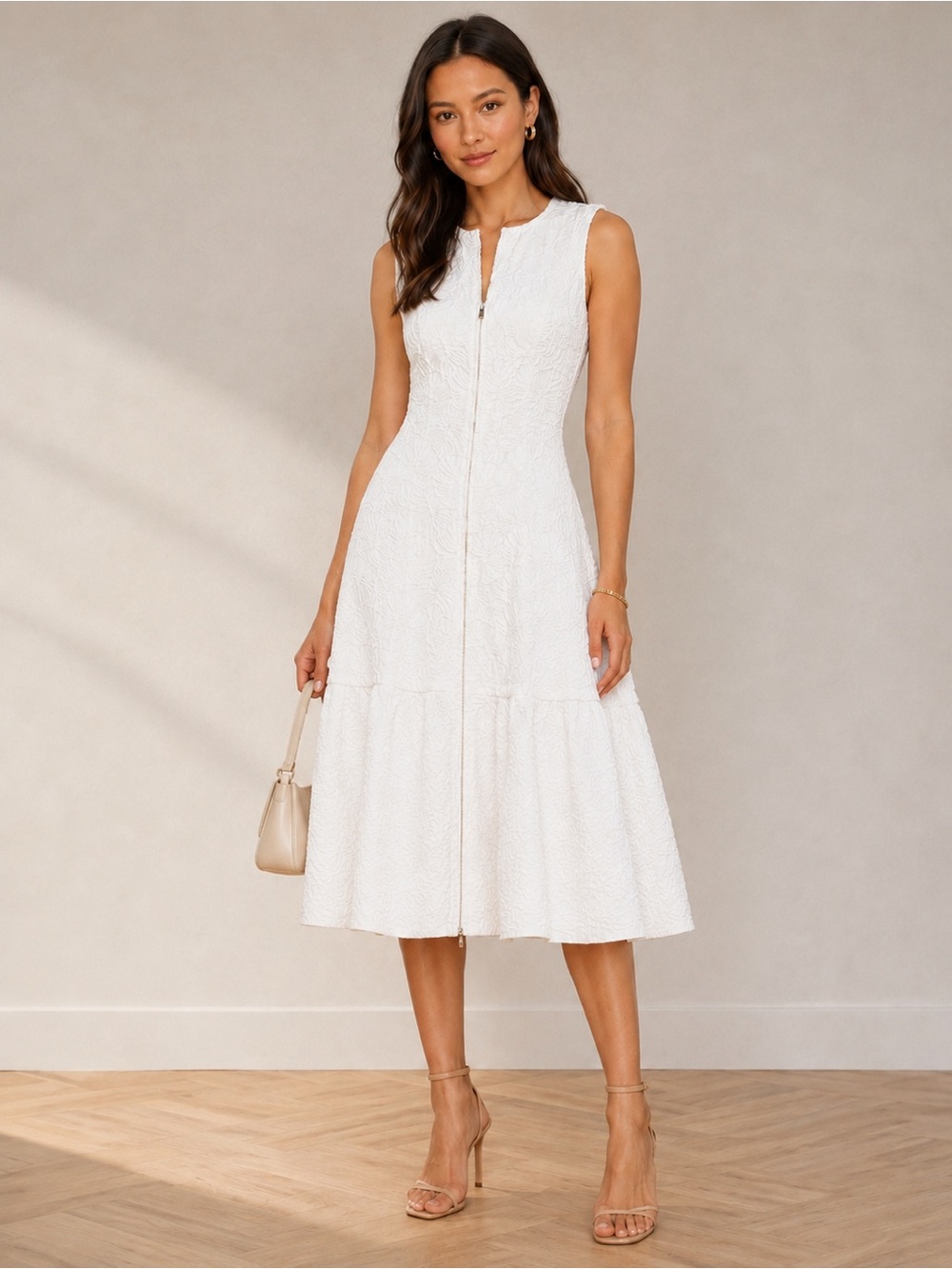 Carolina Herrera White Textured Fit & Flare Midi Dress Size 2
